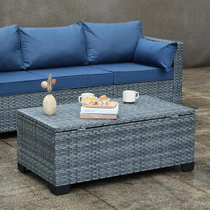 Outdoor Storage Table Wicker Patio Coffee Table All-Weather Rattan Side Table with Waterproof Cover, Grey by GreenHaven Gardens