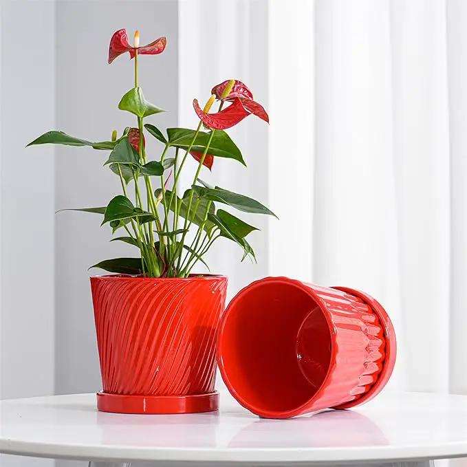 Ton Sin Plant Pots, 6 Inch Flower Pots for Plants,Ceramic Planter with Drainage Holes,Indoor Planter Pots with Saucer,Outdoor Garden Pots (Red, 4 Pack) by GreenHaven Gardens