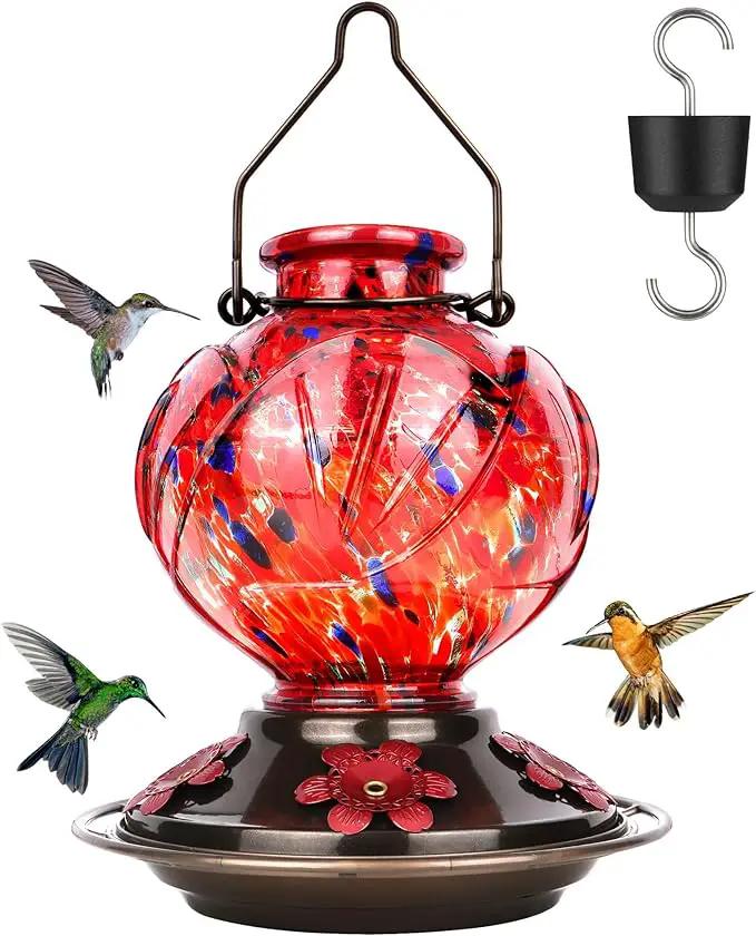 BOLITE Hummingbird Feeder, Hand Blown Glass Hummingbird Feeders for Outdoors Hanging, with Ant Moat and 5 Feeding Ports, 22 Ounces, Peony Flower Shape, Red, Gifts for Women Men, Gifts for Mom Dad by GreenHaven Gardens