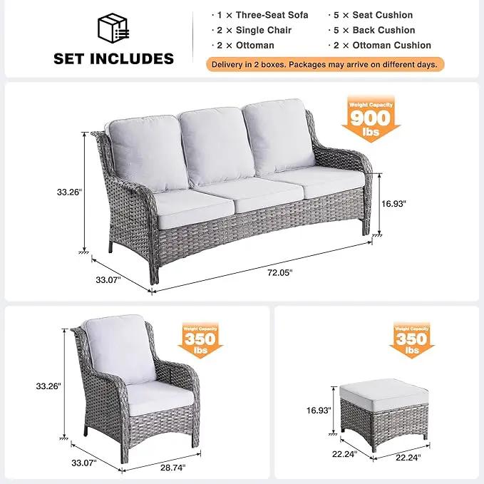ovios 7 Pieces Patio Furniture Set, Outdoor Wicker Sofas with 4 Chairs, Ottomans and Comfy Cushions, All Weather High Back Couch Set for Deck Porch, Grey Rattan, Grey by GreenHaven Gardens