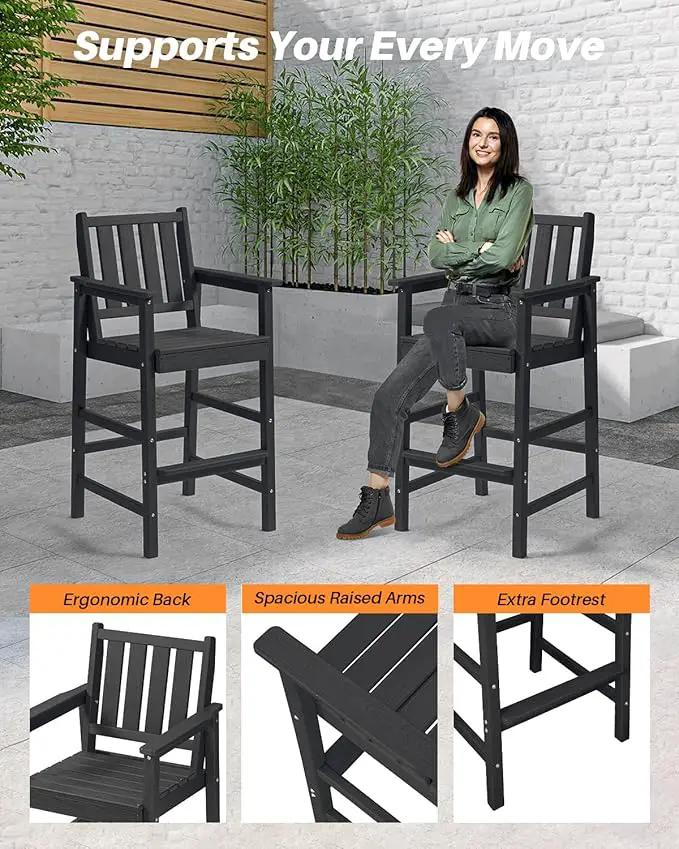 3 Pieces HDPE Outdoor Bar Table and Chairs Set, Tall Adirondack Chairs Set of 2 with Rectangular Bar Table, Patio Bar Stools Set, HDPE Outdoor Patio Bar Set for Balcony, Porch, Deck, Obsidian by GreenHaven Gardens