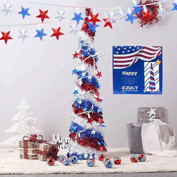 100 LED Red White and Blue Star Lights, 37FT 4th of July Star String Lights Plug in for Home Patio Garden Yard Memorial Day Independence Day Patriotic Decorations Outdoor, White Wire by GreenHaven Gardens