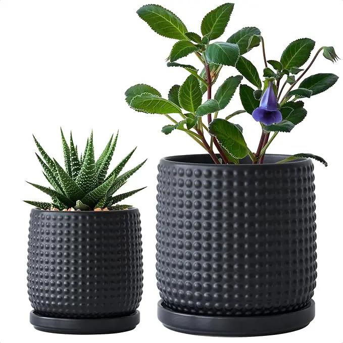 D'vine Dev 6 Inch 4 Inch Ceramic Indoor Planter Pots with Drainage Hole and Saucer, Beaded Design Flower Pots, Set of 2, Matte Black, 27-D-U-6 by GreenHaven Gardens