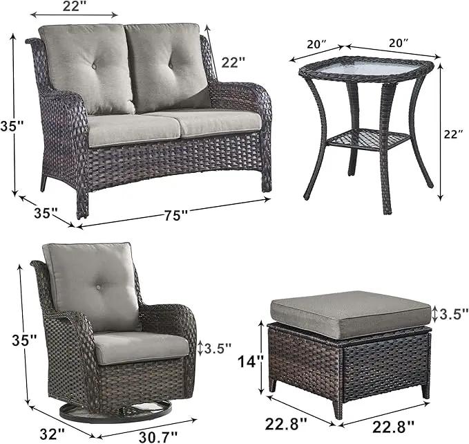 Outdoor Wicker Patio Furniture Set - 6 Piece Rattan Patio Conversation Set with 2 Rocking Swivel Chairs,2 Ottomans,1 Loveseat and 1 Side Table for Porch Deck Backyard Garden(Brown/Grey) by GreenHaven Gardens