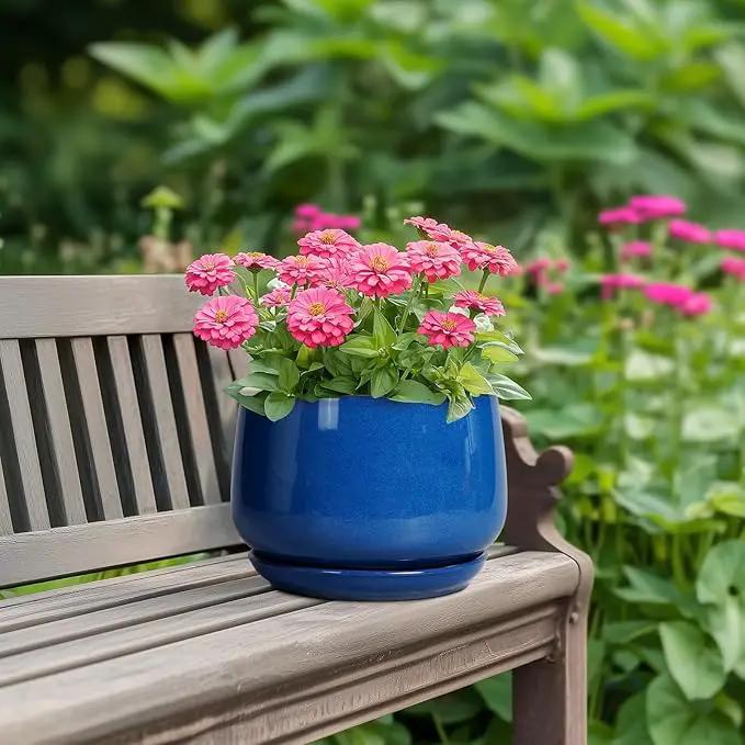 G EPGardening Round Ceramic Plant Pots - 7 Inch Modern Planter with Drainage and Plant Saucer for Indoor Outdoor Flower, Round Office Decor, New Gifts for Home, Blue by GreenHaven Gardens