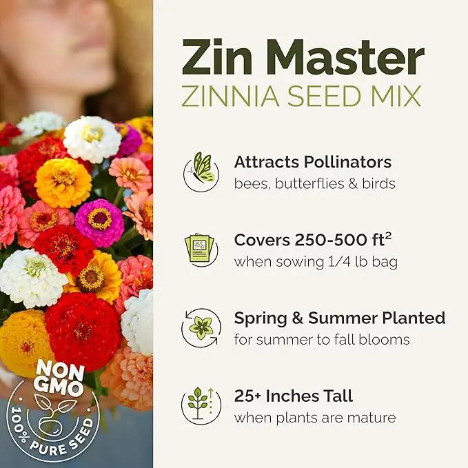 Eden Brothers Zin Master Flower Mixed Seeds for Planting, 1 lb, 480,000+ Seeds with California Giant, Mexican, Lilliput Zinnia | Attracts Pollinators, Plant in Spring, Zones 3, 4, 5, 6, 7, 8, 9, 10 by GreenHaven Gardens