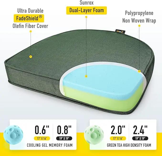 SUNROX Gel Memory Foam Chair Cushions, FadeShield Water-, Stain-Resistant Durable Reversible Seat Cushion Pads with Ties for Indoor/Outdoor Kitchen Dining Office, 19"x19", Set of 4, Heather Fern by GreenHaven Gardens