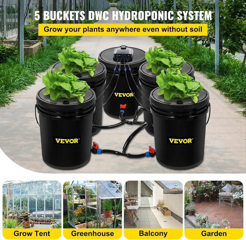 VEVOR DWC Hydroponic System, 5 Gallon 5 Buckets, Deep Water Culture Growing Bucket, Hydroponics Grow Kit with Pump, Air Stone and Connected Reservoir, for Indoor/Outdoor Leafy Vegetables by GreenHaven Gardens