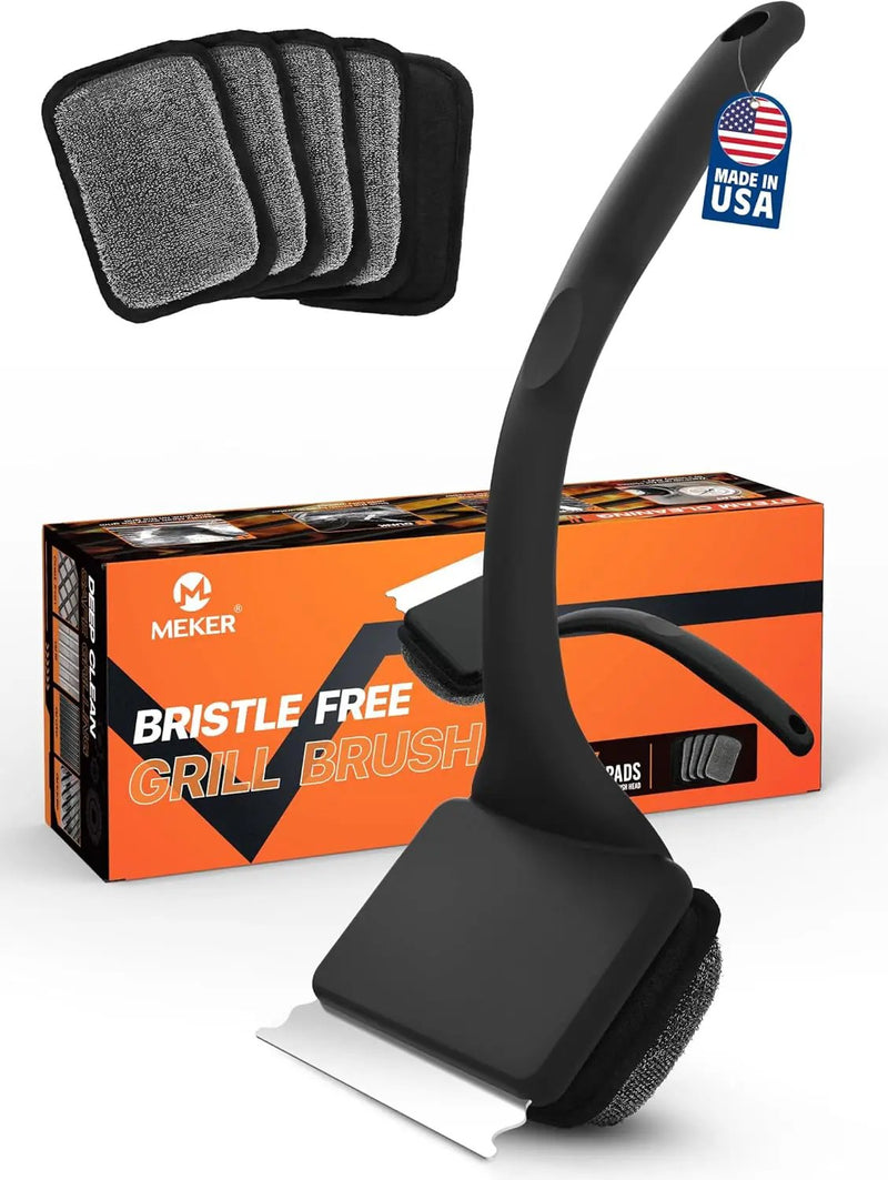 MEKER Grill Brush Bristle Free, Grill Cleaner Brush with 5 BBQ Replacement Head for Cast Iron, Stainless Steel Grates, Safe Grill Scraper Outdoor BBQ Grill, Black by GreenHaven Gardens