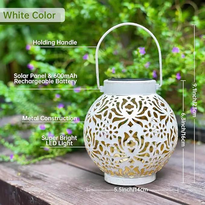 Set of 2 Outdoor Solar Hanging Lantern Lights Metal LED Decorative Lamp for Garden Patio Courtyard Lawn and Table with Hollowed-Out Design (White) by GreenHaven Gardens