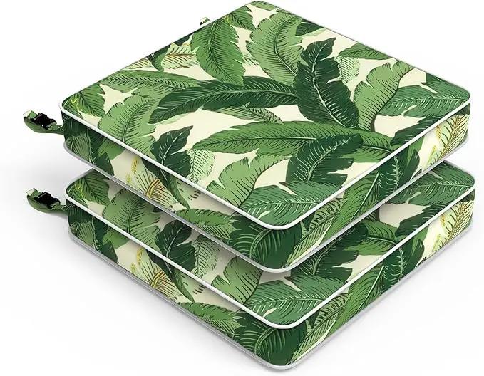 LVTXIII Patio Chair Cushions 19"x19"x3", Water-Repellent Outdoor Seat Cushions for Patio Furniture, Square Chair Pads with Ties for Home Garden Decoration, Set of 2, Swaying Palms Green by GreenHaven Gardens