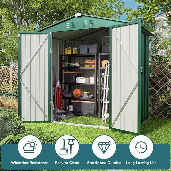 Gizoon Outdoor Storage Shed 6 x 4 FT, Galvanized Metal Garden Shed with Double Lockable Doors, Outdoor Storage Clearance for Backyard Patio Lawn-Green by GreenHaven Gardens