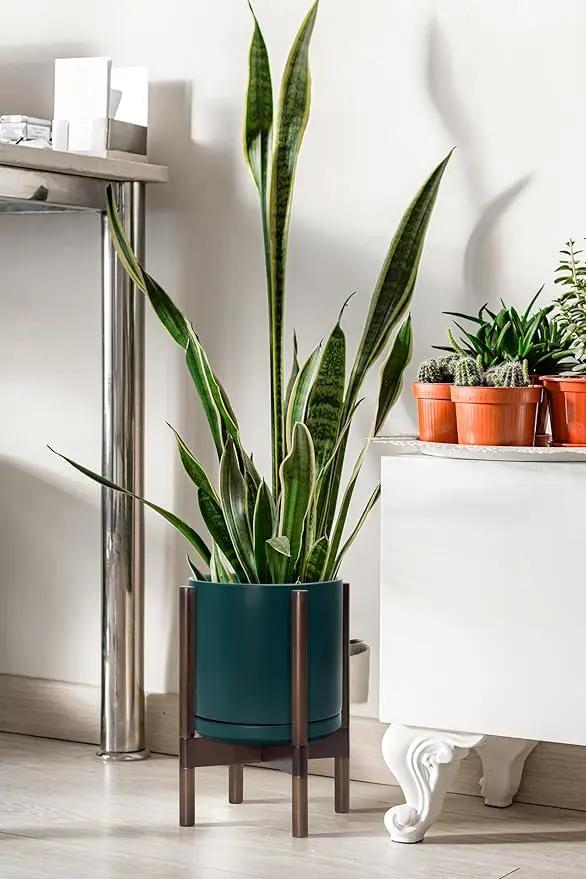 D'vine Dev Ceramic Planter with Walnut Color Stand - 10 Inch Modern Round Flower Pot with Wood Planter Holder, Teal, 55-B-X-4 by GreenHaven Gardens
