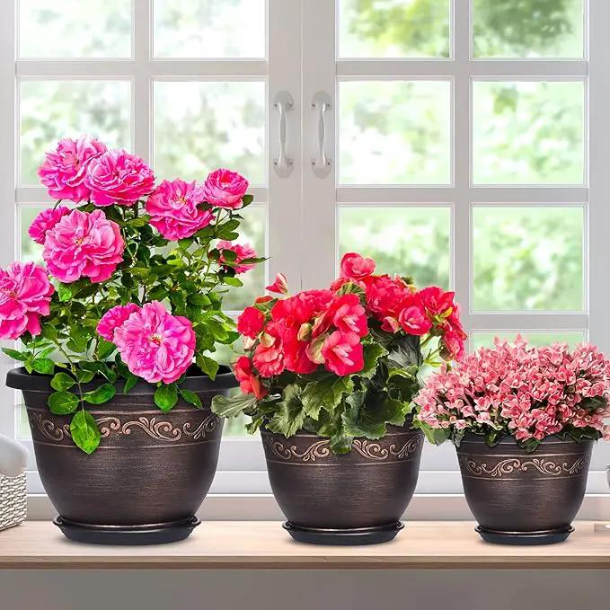 Plastic-Plant-Flower-Planters-8 Inch with Drainage Hole & Saucer, 6 Packs Lightweight Small Resin Flower Pot Indoor Outdoor, Retro Antique Imitation Decorative Garden Containers Sets for Houseplants by GreenHaven Gardens
