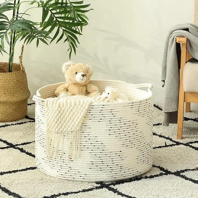 KAKAMAY Large Blanket Basket (20"x13"),Woven Baskets for storage Baby Laundry Hamper，Cotton Rope Blanket Basket for Living Room, Laundry, Nursery, Pillows, Off White with Blue & Brown Dotted Pattern by GreenHaven Gardens