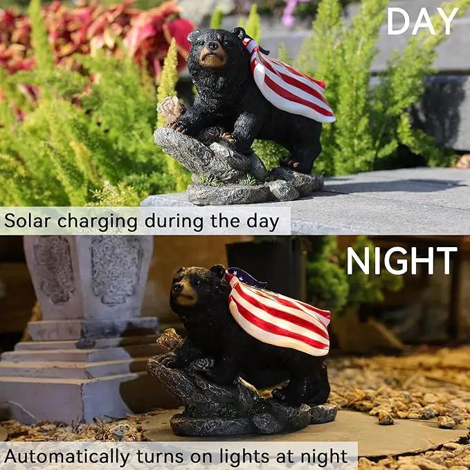 Garden Statue Bear,Solar American Flag Bear Ourdoor Statue,Garden Decor Bears Solar Light,Resin Figurine Lights,Outdoor Decor for Patio,Porch,Balcony,Yard,Lawn by GreenHaven Gardens