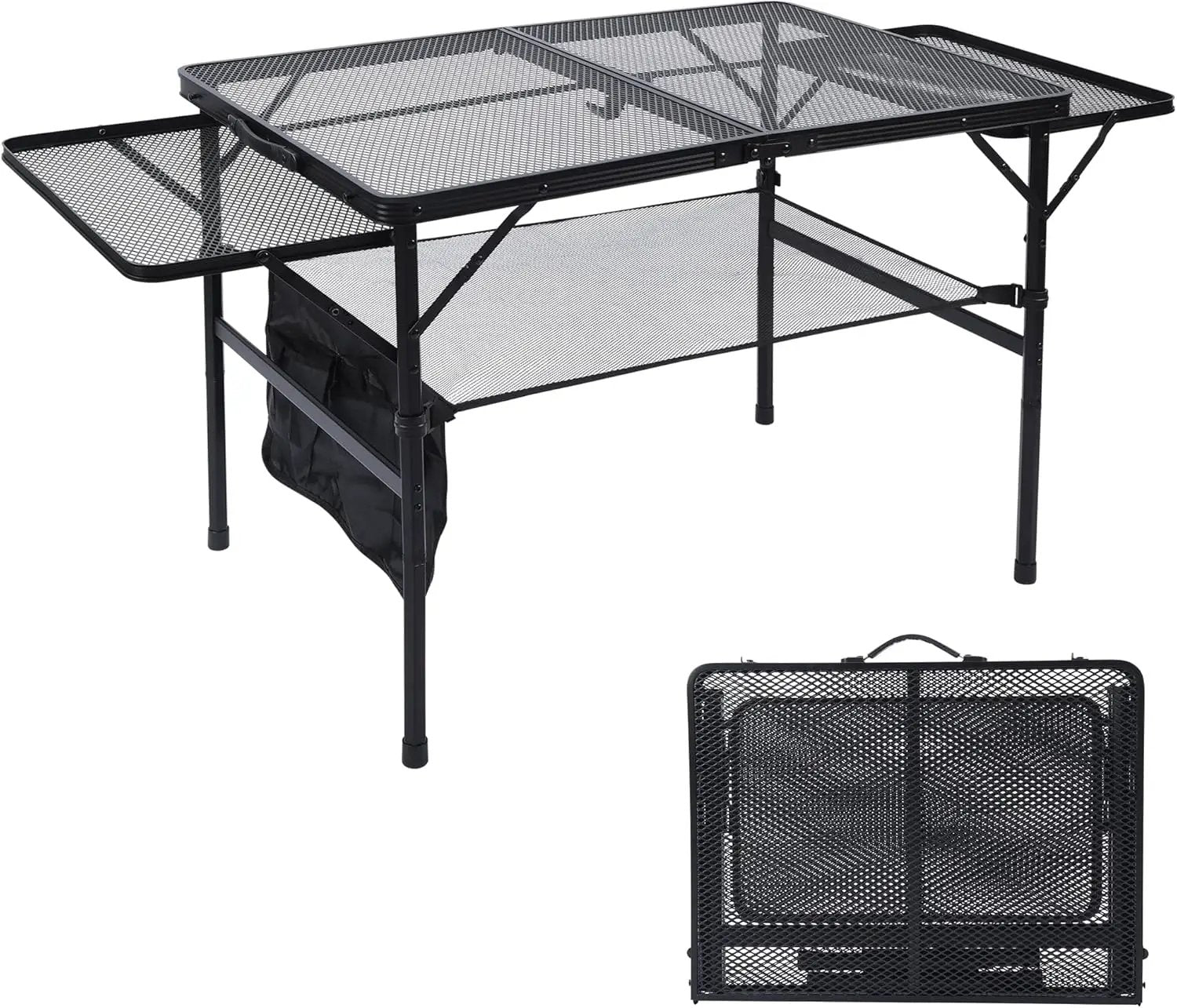 Folding Grill Table, 3x2 FT Portable Camping Table with 2 Wing Panels, Height Adjustable Metal Tables with Mesh Desktop and Mesh Bag, Outdoor Furniture for Camping, Picnic, Beach and BBQ, Black by GreenHaven Gardens