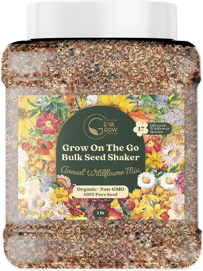 Wildflower Seed Shaker – Annual Mix by GevaGrow | 17 Variety Flower Seeds for Planting in Pots & Outdoor Gardens, Bulk 300,000+ Seeds - 1 Pound Tub by GreenHaven Gardens