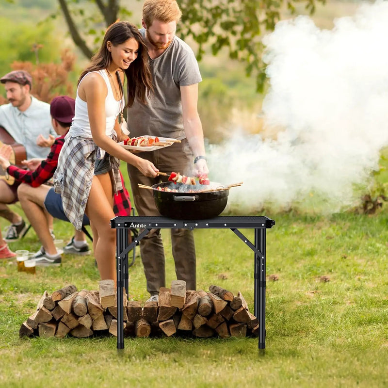 Folding Grill Table, Aluminum Camping Table Adjustable Height Max 27.5" Picnic Table Outdoor Table, Lightweight, Portable Handle for Travel Cooking BBQ Picnic, 22.8" x 16", Black by GreenHaven Gardens