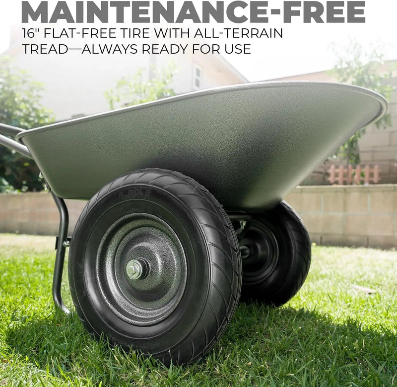 XtremepowerUS Utility Garden Wheelbarrow Garden Cart Dual-Wheel Built-in Stand Flat-Free 16" Tires 330 LBS Capacity 5 cu/ft. Metal Tray by GreenHaven Gardens