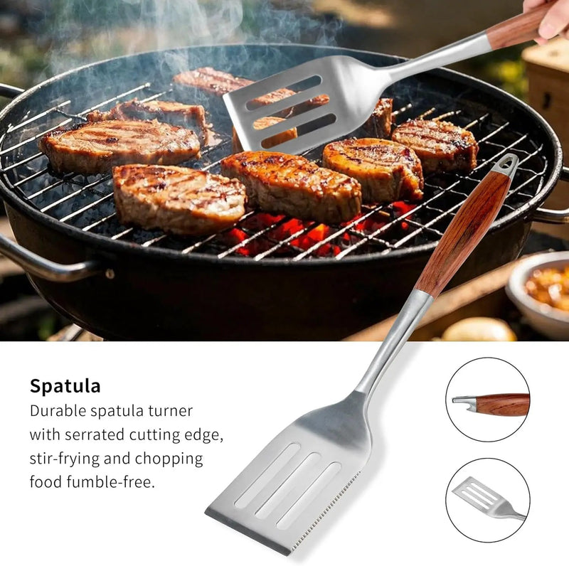 FJNATINH Heavy-Duty Grilling Accessories Rose Wooden BBQ Grilling Tools Set,Outdoor Grill Set with Spatula, Fork & Tongs,Essential Accessories for Barbecue & Grill. Ideal Gift for Men by GreenHaven Gardens
