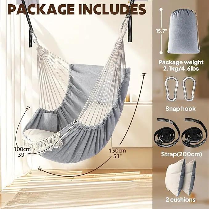 Chihee Hammock Chair Hanging Swing 2 Pillows Included,Strong Webbing Straps and Hooks for Easy Hanging Soft Cotton Hanging Chair Side Pocket Tassel Chair Comfort Indoor Outdoor Light Grey by GreenHaven Gardens