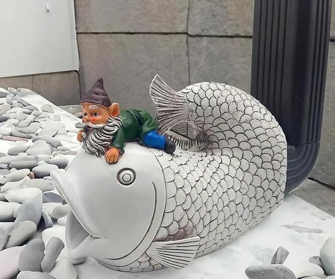 Gnome Fish Sculpture, Garden Animal Statue & Outdoor Decor, Eco-Friendly Resin Gutter Diverter Rain, Decorative Gutter Extension Downspout, Splash Block, Perfect for 3"x4" Downspouts by GreenHaven Gardens
