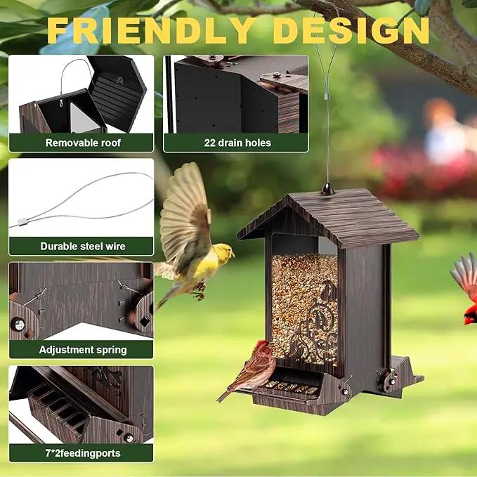 Squirrel Proof Bird Feeder for Outdoor Hanging,Metal Bird Seed Feeder with Bilateral Weight Activated Perches,5LB Large Capacity Wild Bird Feeders for Outside,Easy Refill and Clean,Brown by GreenHaven Gardens