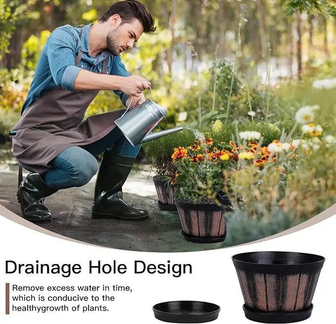 Quarut 6 inch Brown Barrel Planters with Drainage Holes & Saucer, Set of 4, Indoor & Outdoor Garden Home Plants by GreenHaven Gardens