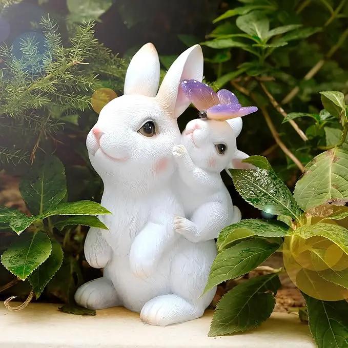 Garden Outdoor Statues Rabbit with Solar Lights,Mother&Baby Bunny Figurine with Solar Butterfly Changing Lights for Yard Art Garden&Patio Decor,Unique Easter&Birthday Gifts for Women Mom Grandma by GreenHaven Gardens