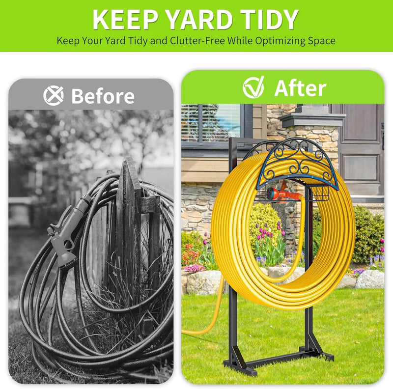 Garden Hose Holder – Freestanding Water Hose Holder with Storage Basket, Sturdy Metal Hose Stand and Hanger, Heavy-Duty Garden Hoses Storage Rack for Outside, Supports 151FT by GreenHaven Gardens