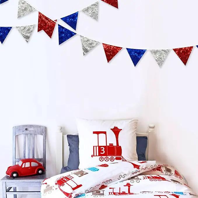pinkblume Red Blue Silver Decorations Double Sided Sequin Fabric Triangle Pennant Banner Flag Bunting Garland for Nursery Classroom Home Bedroom Wall 4th of July American Veterans USA Holiday Decor by GreenHaven Gardens