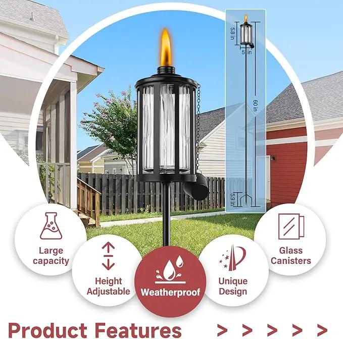 4 Pack Glass Citronella Torches, 16 oz Garden Torches for Outside with 3-Prong Grounded Stake, 55 inch Outdoor Clear Glass Flame Light Torch for Yard, Patio, Deck, Garden, Party, Landscape by GreenHaven Gardens