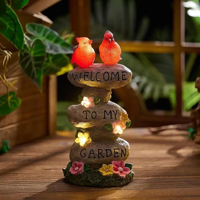 TERESA'S COLLECTIONS Garden Statues with Outdoor Solar Lights for Garden Decor, Cardinal Birds Welcome Yard Sign Rocks & Flower Resin Valentines Decorations, Gifts for Mom Yard Decor, 11" by GreenHaven Gardens