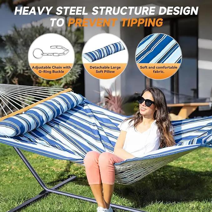 2 Person Outdoor Hammock with Stand, Cotton Rope Hammock with Polyester Pad, Adjustable Steel Frame, Portable with Carrying Bag – for Patio, Backyard, Garden, Beach, Blue by GreenHaven Gardens