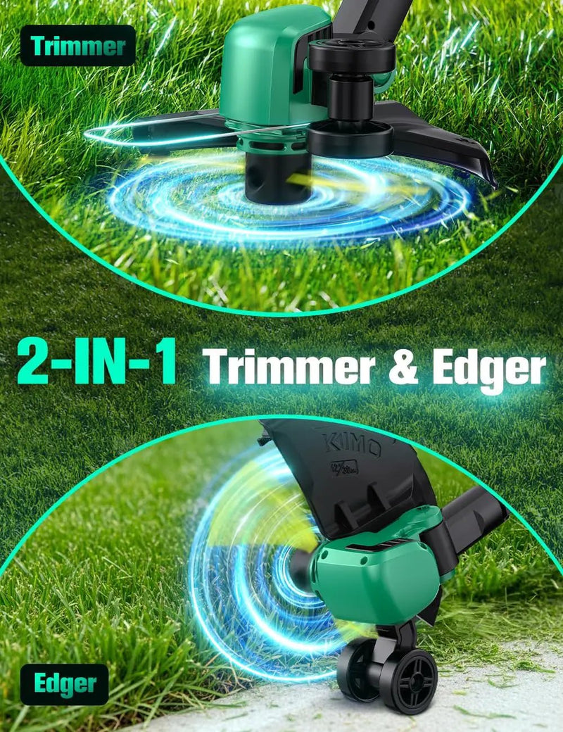 KIMO Cordless Weed Wacker Battery Operated w/ 2 x 2.0Ah Batteries, 2-in-1 String Trimmer & Edger with Charger & Wheels, 10Pcs Cutting Lines, 12" Dual-Sided Cutting Line, 20V Weed Trimmer for Lawn Yard by GreenHaven Gardens