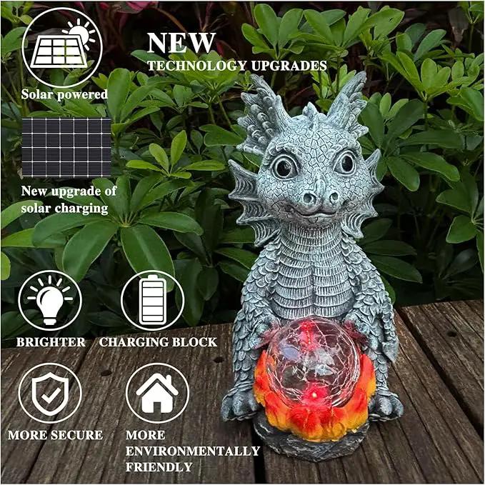 Solar Garden Statue Dragon Figurine with 7-Color Changing Solar Crackle Globe Lights- Loving Dragon for Patio,Balcony,Yard, Lawn-Unique Idea Gifts (Grey) by GreenHaven Gardens