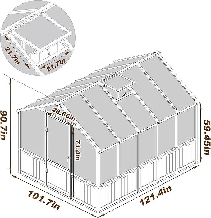 8x10 FT Greenhouse Kit with 6MM Thick Polycarbonate Panel for Outdoor, Wooden Walk-in Green House with Adjustable Roof Vent and Lockable Door, Backyard, Garden, Light Mocha Brown by GreenHaven Gardens