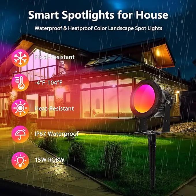 Spotlight Outdoor Control with Smart APP, 2 Pack 15W RGBW Landscape Lighting, Dimmable Color Changing IP67 Waterproof Spot Light Warm Flood Light for House Pathway Garden Yard Tree by GreenHaven Gardens