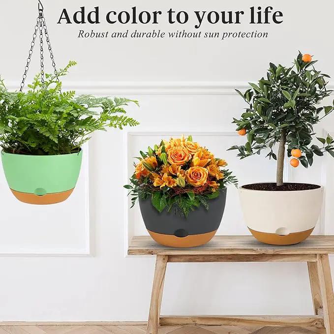 Bevgems 3 Pack 8.26 Inch Hanging Planters, Plastic Self-Watering Hanging Flower Plant Pot, Decorative Flower Pot Holder with Drainage Holes & Removable Tray for Indoor Outdoor Plants,Flowers, Herbs by GreenHaven Gardens