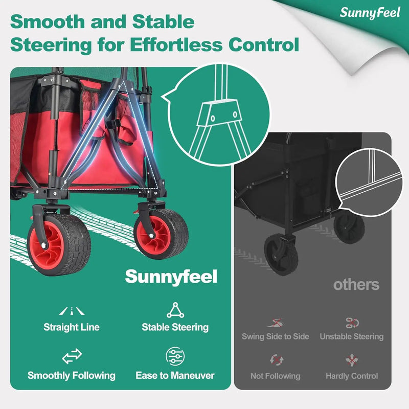 SUNNYFEEL Heavy Duty Collapsible Outdoor Utility Wagon Cart 500LB Capacity Adjustable Handlebar,Foldable Beach Wheels Stable Durable Oxford Fabric for Shopping Garden Camping (Red, Tall Version) by GreenHaven Gardens