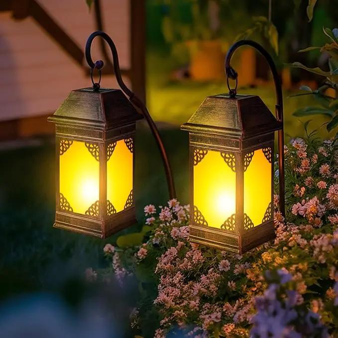 14" Solar Lanterns Outdoor Waterproof, Glass Flickering Flame Solar Lantern, Hanging Metal Lantern Decorative for Patio Front Porch Garden Backyard Tabletop Party Decoration by GreenHaven Gardens
