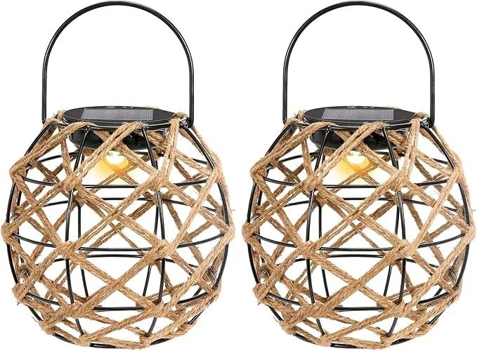 HPC Decor 2 PK Solar Lanterns-Outdoor Waterproof, Hemp Rope, Hanging Outdoor, Round Lamp Boho Decor for Garden, Yard, Patio, Porch, Pathway. by GreenHaven Gardens