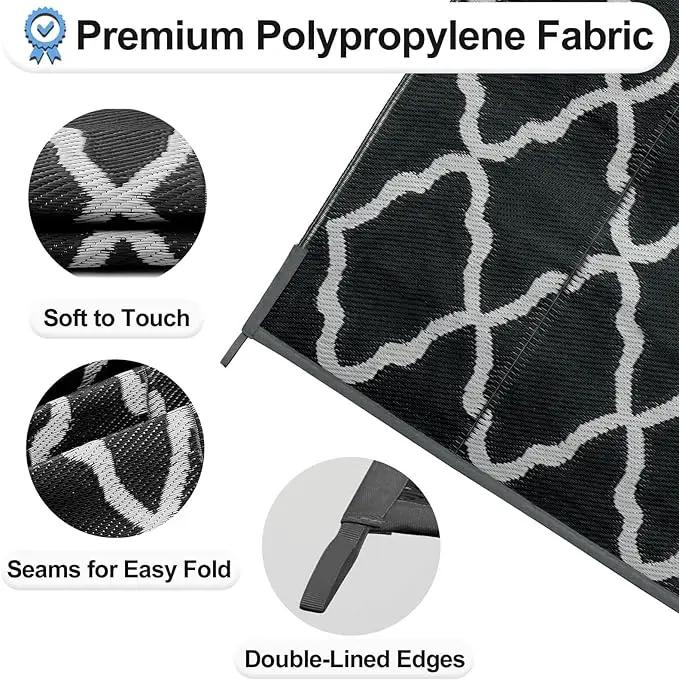 OutdoorLines Outdoor Plastic Area Rugs for Patio 6x9 ft - Reversible Outside Carpet, Stain & UV Resistant RV Mats, Straw Rug for Camping, Deck Garden, Porch and Balcony, Moroccan Black & Light Grey by GreenHaven Gardens