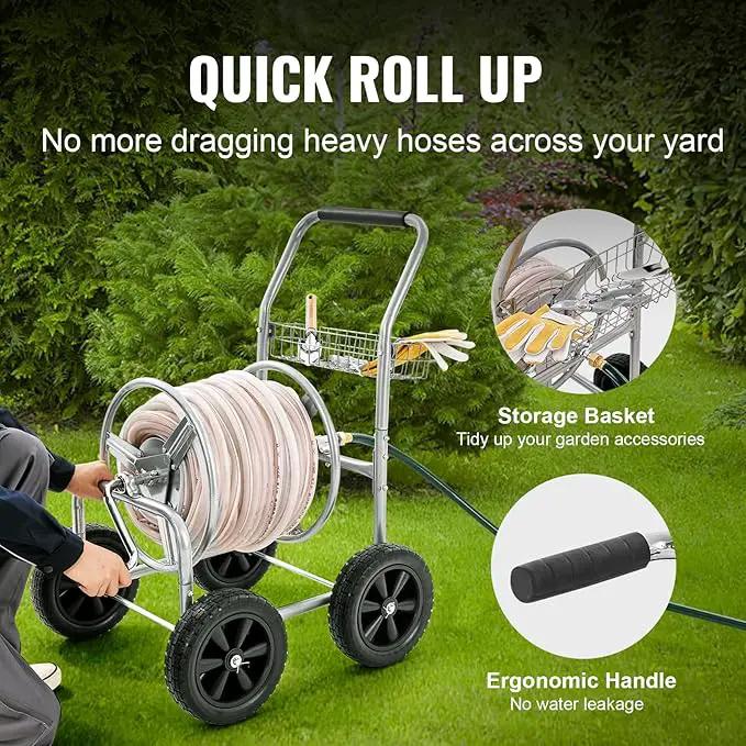 VEVOR Hose Reel Cart, Hold Up to 300 ft of 5/8’’ Hose, Garden Water Hose Carts Mobile Tools with 4 Wheels, Heavy Duty Powder-Coated Steel Outdoor Planting with Storage Basket, for Garden, Yard, Lawn by GreenHaven Gardens