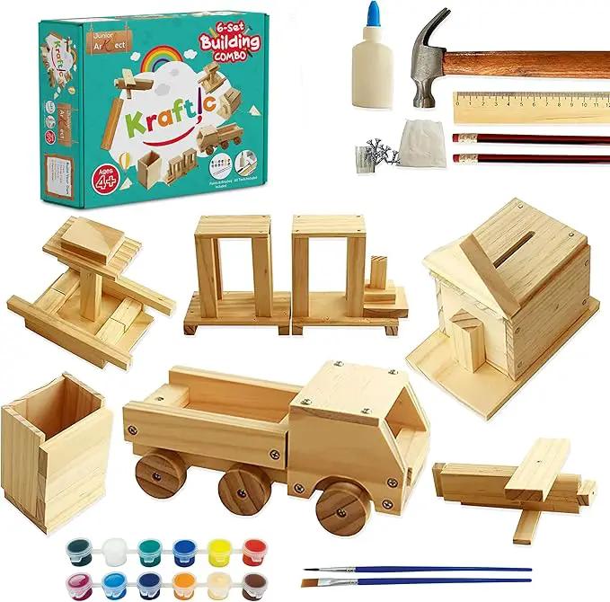 Kraftic Woodworking Building Kit for Kids and Adults, with 6 Educational Arts and Crafts DIY Carpentry Construction Wood Model Kit Toy Projects for Boys and Girls by GreenHaven Gardens