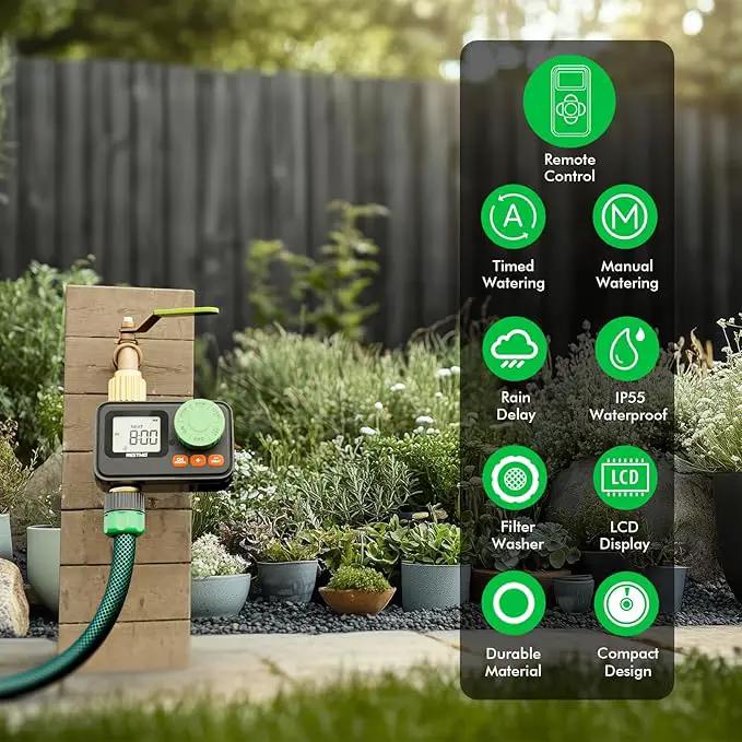 RESTMO RF Remote Controlled Sprinkler Timer with Brass Inlet & Outlet, Programmable Water Timer for Garden Hose, Automatic | Manual | Rain Delay for Outdoor Faucet, Drip Irrigation and Lawn Watering by GreenHaven Gardens
