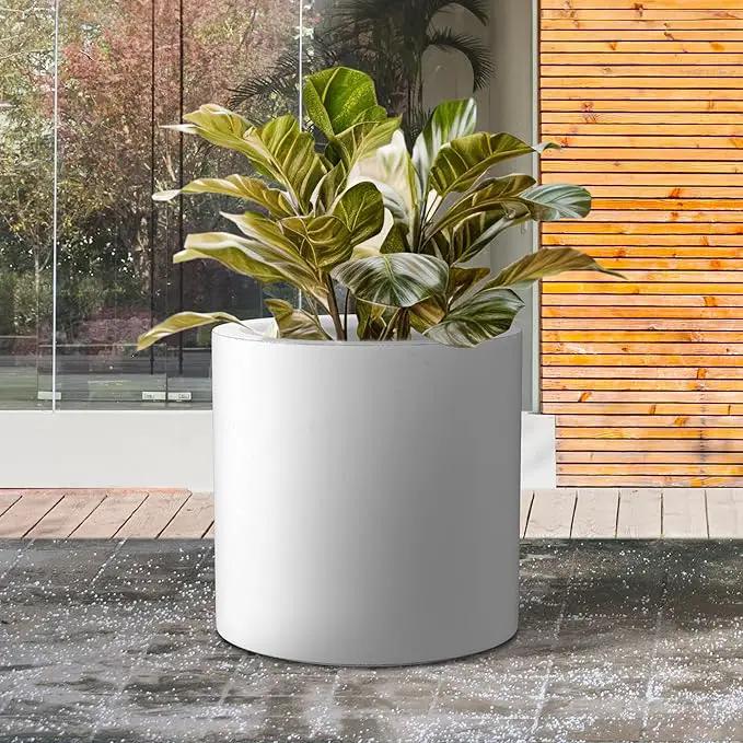 Kante 15.7" Dia Round Concrete Planter, Modern Style Large Cylindrical Plant Pot with Drainage Hole and Rubber Plug for Indoor Outdoor Patio, White by GreenHaven Gardens