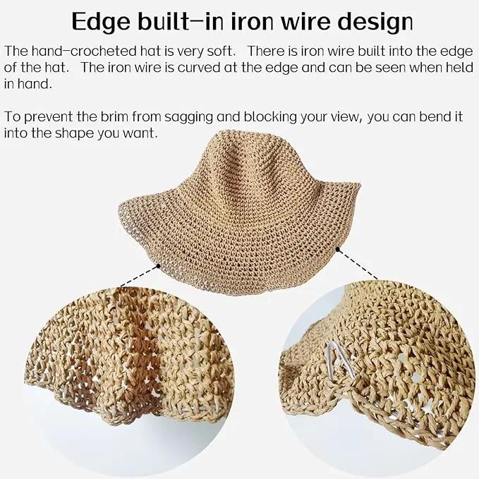 Womens Straw Beach Sun Hats, Foldable Packable Floppy Handmade Crochet Hats for Women,Large Summer Vacation Wide Brim Hat by GreenHaven Gardens