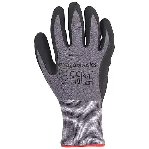 Amazon Basics Micro-Foam Nitrile Coated Work Gloves, Nylon Liner Fiber, Touch Screen, Grey, Size 9/L, 12 Pairs by GreenHaven Gardens